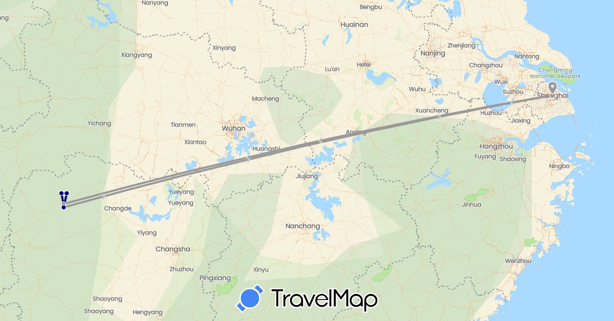 TravelMap itinerary: driving, plane in China (Asia)